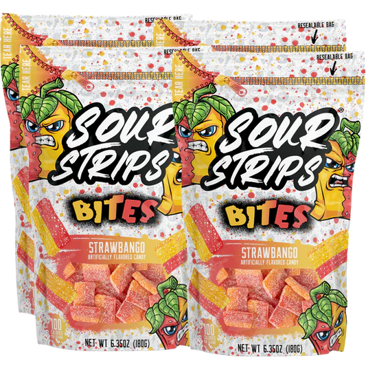 Strawbmango bites 5 trays of 10 bags per tray- sour strips
